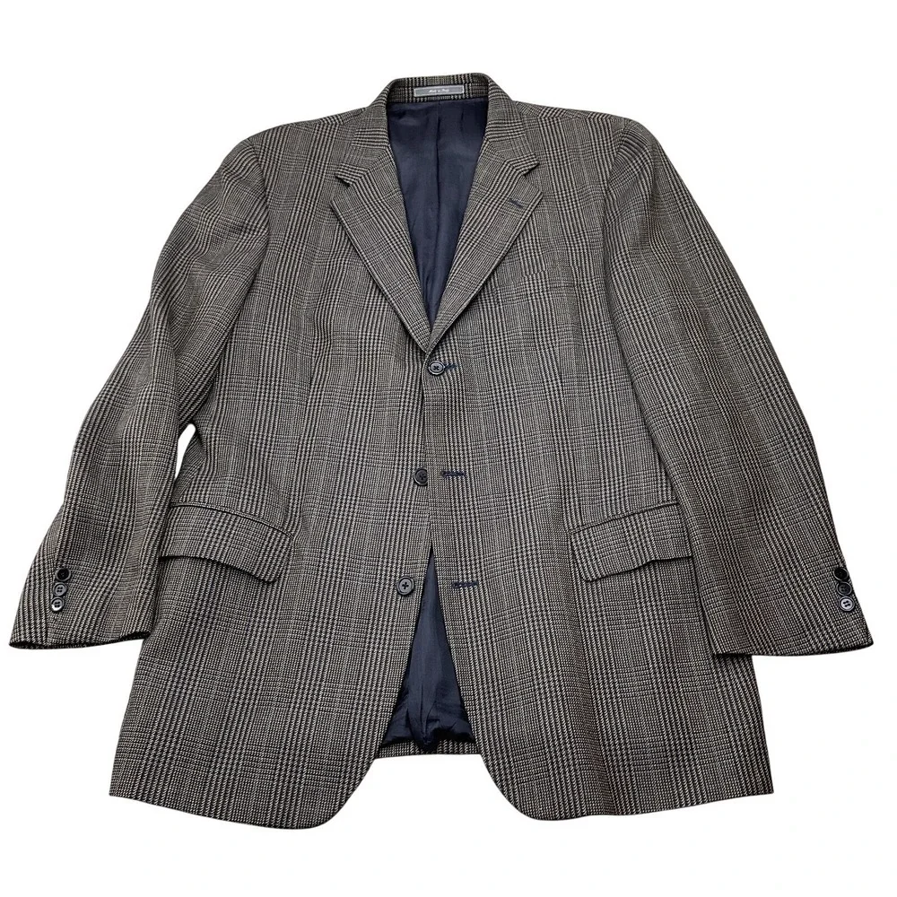 Talbots Blazer Men 44L Black Blue Tan Tweed Houndstooth Plaid Sport Jacket Italy